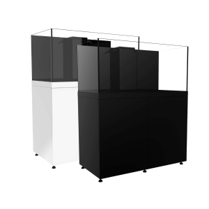 90 gallon rimless aquarium systems in black and white cabinets side by side
