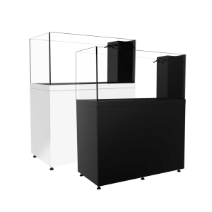 ProStar 150 peninsula aquarium shown in black and white color options with rear filtration system, displayed side by side on matching cabinets.