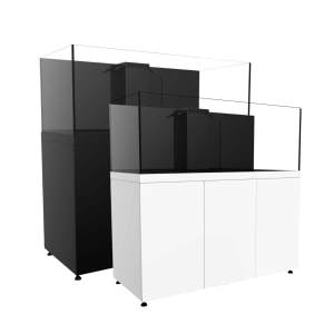Side-by-side view of the ProStar 200-gallon regular aquarium system in black and white finishes, showing full-height display tanks, matching cabinets, and rear overflow boxes.