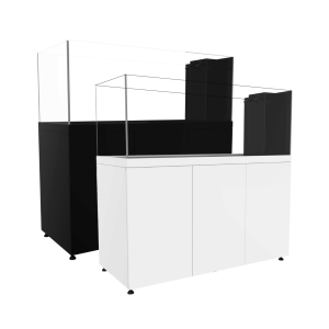 Black and white ProStar 200-gallon peninsula aquarium systems shown side by side, each with a glass display tank mounted on a matching cabinet stand.