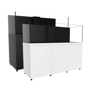 ProStar 230 Peninsula aquarium shown in black and white finishes, displayed side by side to compare cabinet and glass design.