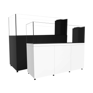 Black and white ProStar 230 gallon peninsula aquarium systems shown side by side, featuring glass tanks with peninsula overflow design and matching cabinets.