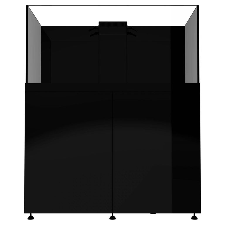 150-gallon black aquarium system with glass display tank and matching cabinet, front view.