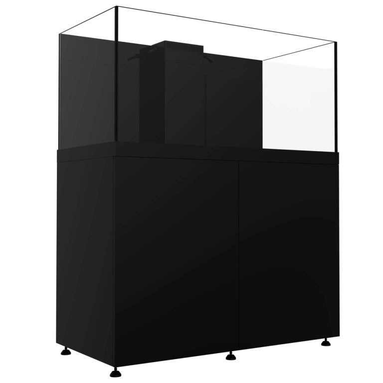 150-gallon black reef aquarium with cabinet, shown from a rear-side angled view, featuring a rimless glass tank and integrated overflow system.