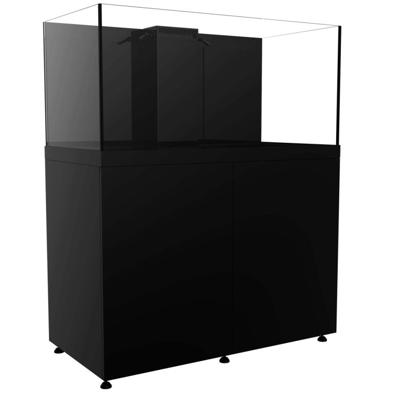 150-gallon black reef aquarium with cabinet, shown from a front-side angled view, featuring a rimless glass tank and integrated overflow box.