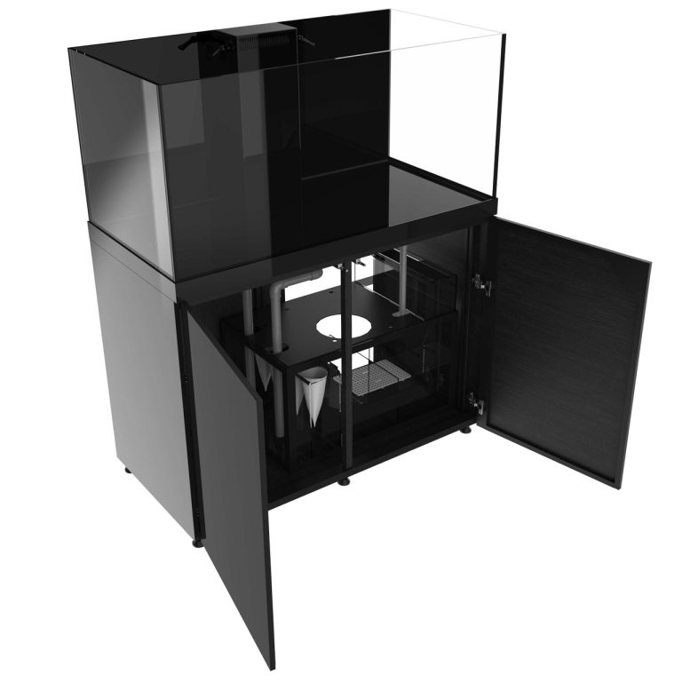 150-gallon aquarium system with black cabinet, showing internal sump and filtration with cabinet doors open, front angled view