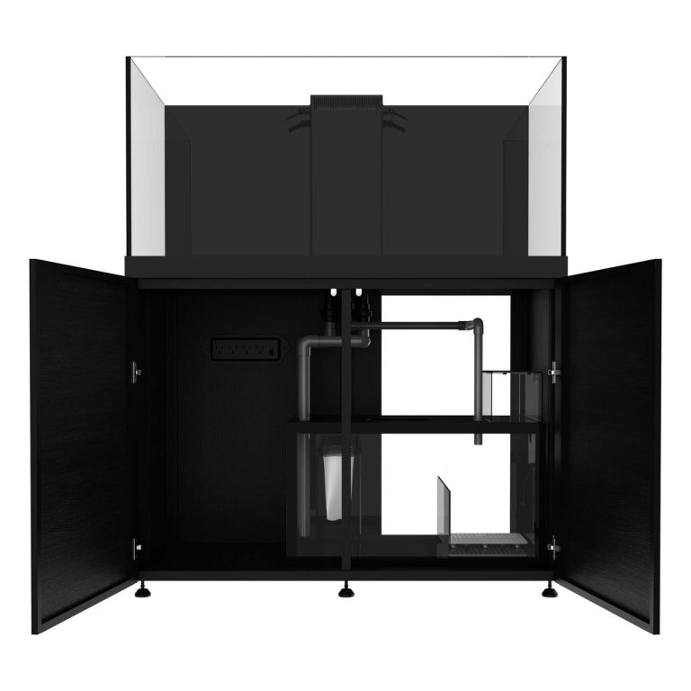 150-gallon black aquarium system with open cabinet doors showing integrated sump and filtration layout