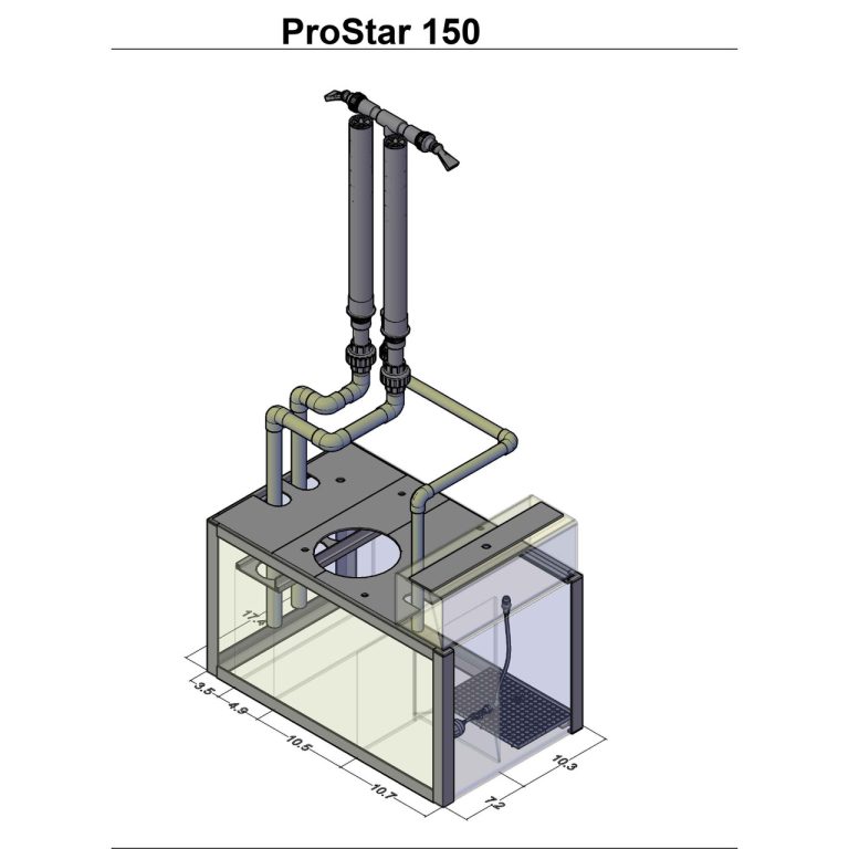 ProStar 150 aquarium filtration system diagram showing sump layout, plumbing configuration, and external dimensions.
