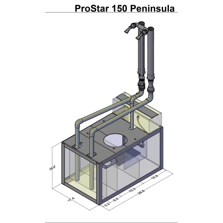 ProStar 150 Peninsula aquarium sump diagram showing plumbing layout and external dimensions with dual drain and return pipes.