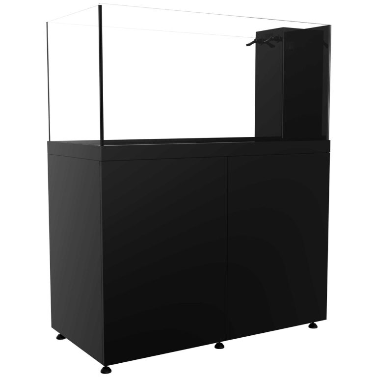 ProStar 150 Peninsula aquarium with side-mounted overflow and black cabinet, front and side view