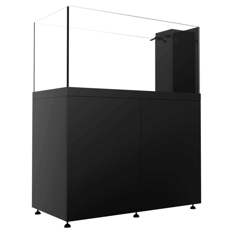 ProStar 150 Peninsula black aquarium with side-mounted overflow, shown from a front-side angle with the overflow positioned on the short end of the tank.