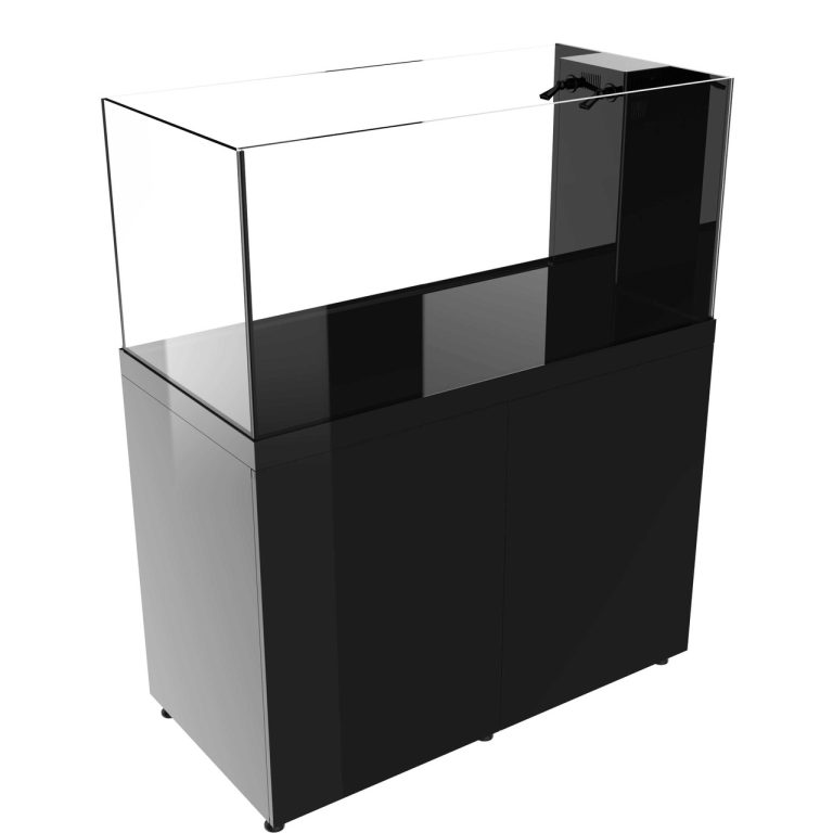 ProStar 150 peninsula aquarium in black finish, angled view showing the side-mounted overflow and open long viewing panel.