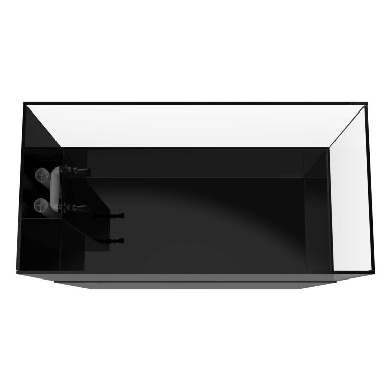 ProStar Rimless V2 150 gallon peninsula aquarium top view with side-mounted overflow system and black stand