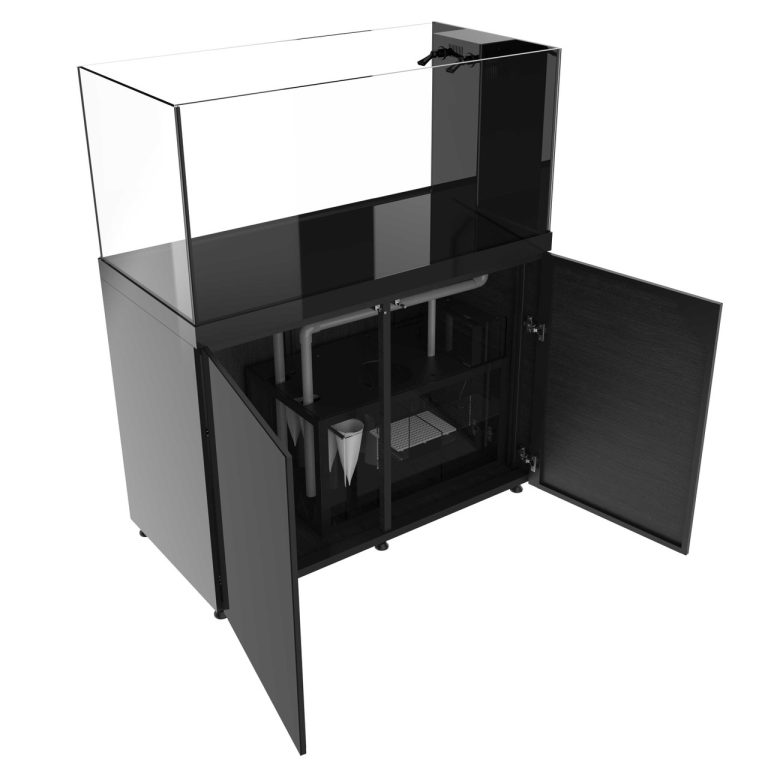 ProStar Rimless V2 150 gallon peninsula aquarium with black stand, open cabinet showing sump and integrated plumbing