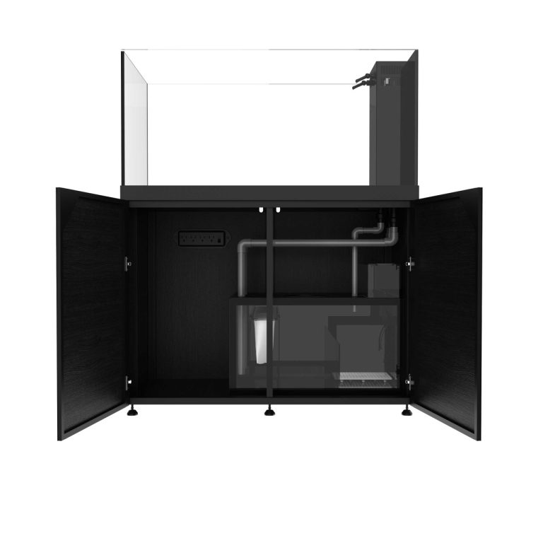 ProStar 150 Peninsula reef aquarium with cabinet doors open, showing the integrated sump and internal plumbing, featuring a side-mounted peninsula overflow on the right end.