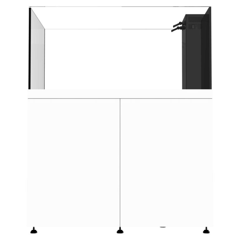 ProStar 150 Peninsula reef aquarium system with side-mounted overflow, white cabinet, shown in a clean schematic front view highlighting the peninsula layout and minimalist design.