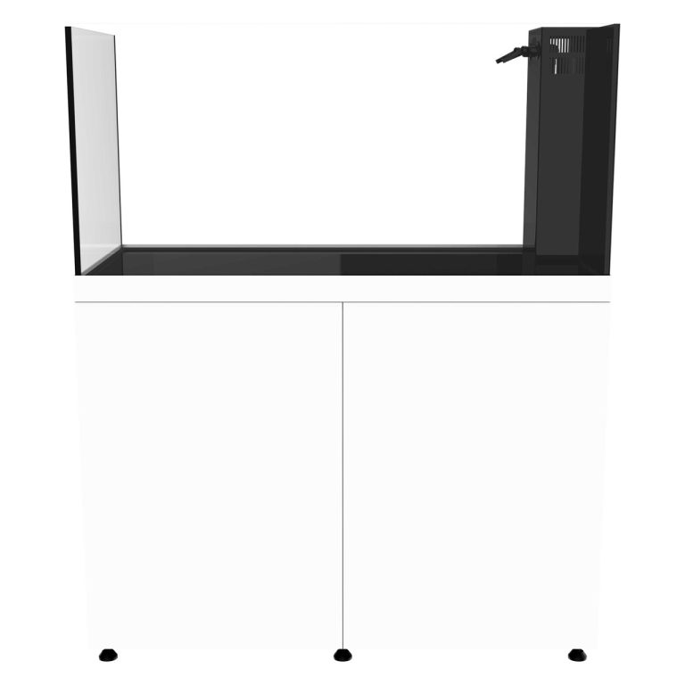 ProStar 150 Peninsula white aquarium, front view with peninsula overflow positioned on the right side and integrated cabinet stand.