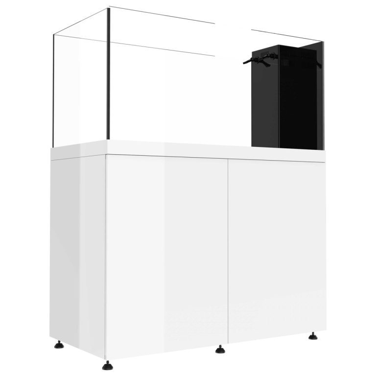 ProStar 150 Peninsula white aquarium with side overflow and matching white cabinet, shown from an angled side view highlighting the peninsula layout.