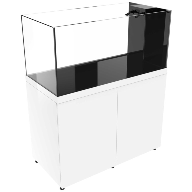ProStar 150 Peninsula aquarium system in white finish, shown in an angled front view with peninsula-style overflow positioned on the right side and a clean, rimless glass display.