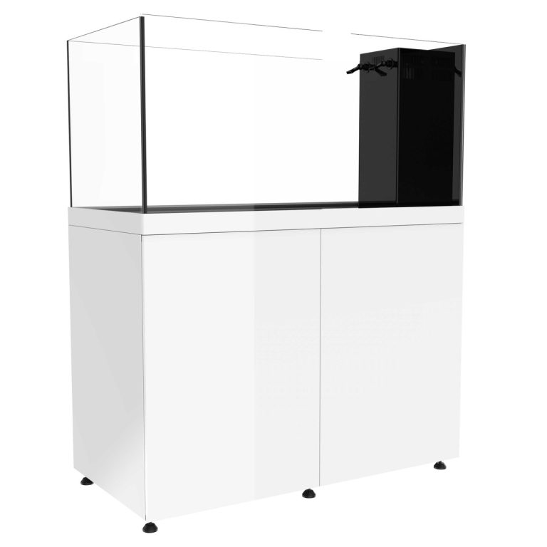 ProStar 150 Peninsula aquarium system in white finish, showing an angled side view with peninsula-style side overflow positioned on the right end.