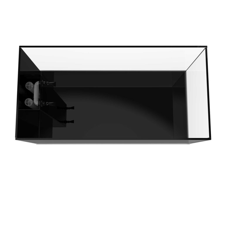 Top-down view of the ProStar 150 Peninsula aquarium showing the peninsula-style internal overflow positioned on one end, with dual drain plumbing visible and a clear three-sided viewing layout.