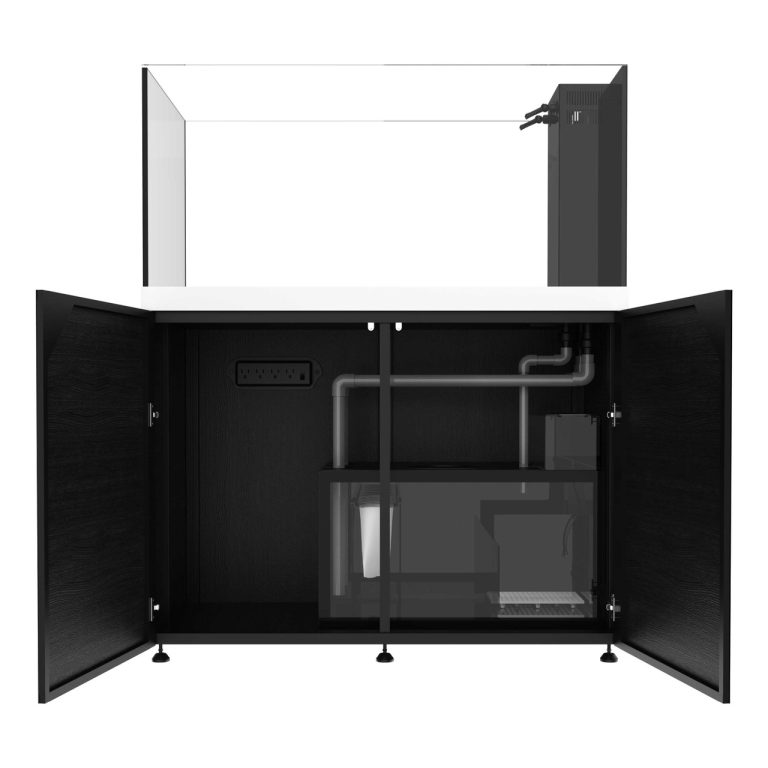 ProStar 150 Peninsula aquarium with white cabinet and open doors, showing internal sump filtration and plumbing layout.