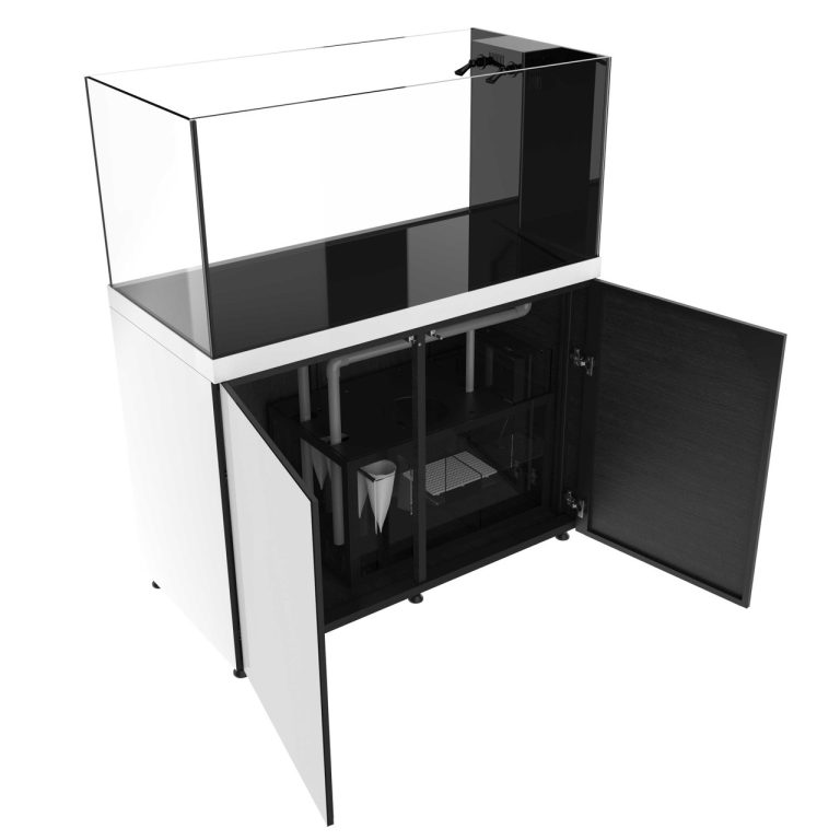 Top-down view of the ProStar 150 Peninsula aquarium in white, showing the peninsula-style layout with the integrated overflow box positioned on the short end of the tank.