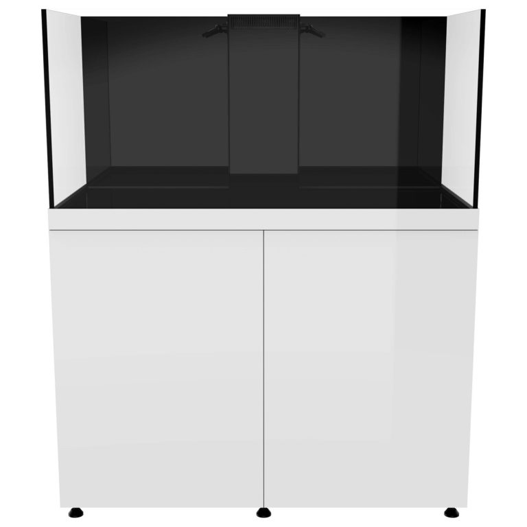 150 gallon rimless aquarium with white cabinet front view