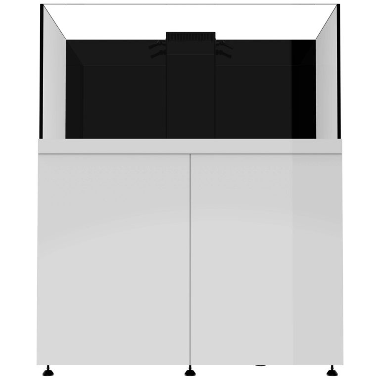 150 gallon rimless aquarium with white cabinet straight-on front view
