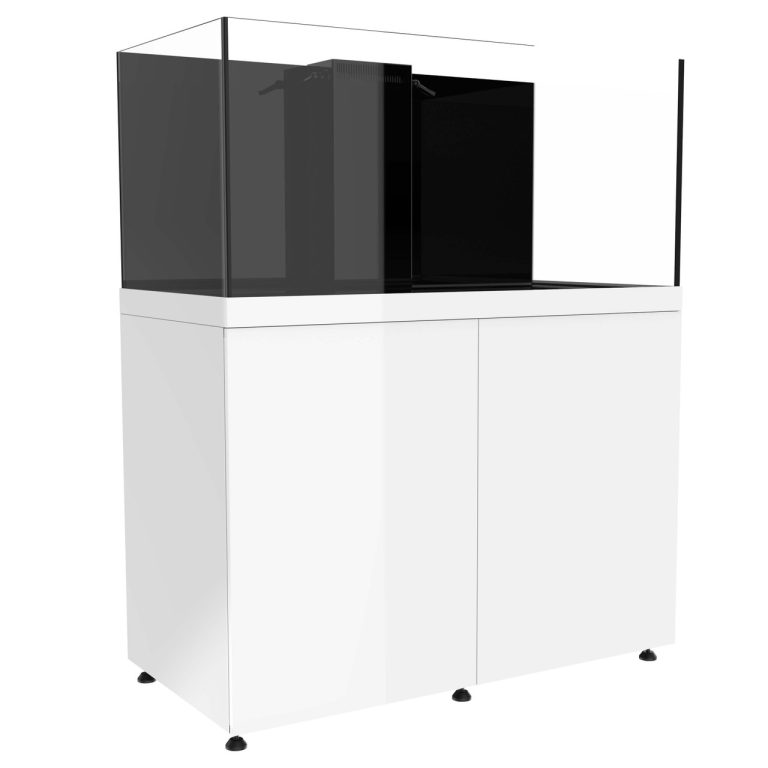 150 gallon rimless aquarium with white cabinet angled view