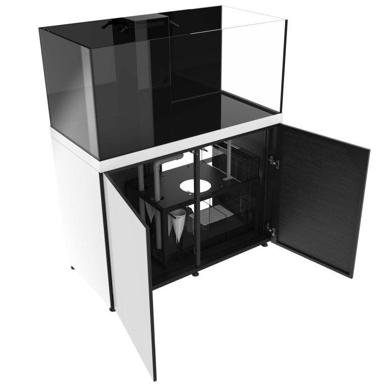 Angled view of the ProStar 150 gallon aquarium with cabinet doors open showing the integrated sump system.