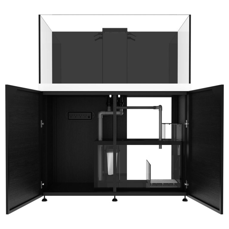 150 gallon rimless aquarium with white cabinet showing open doors and internal sump filtration