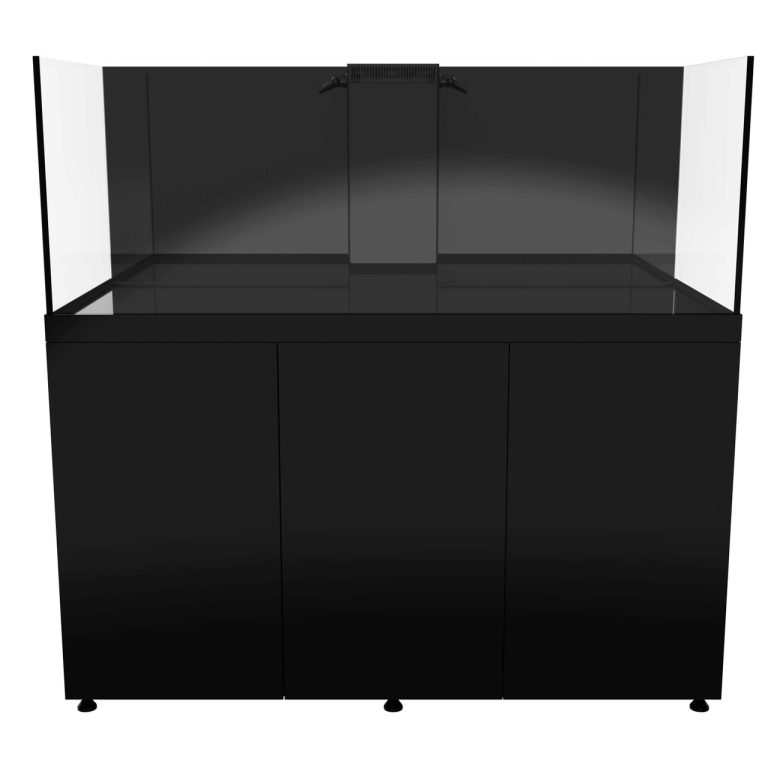 Front view of the ProStar 200 aquarium system in black, showing the glass display tank mounted on a black cabinet stand.