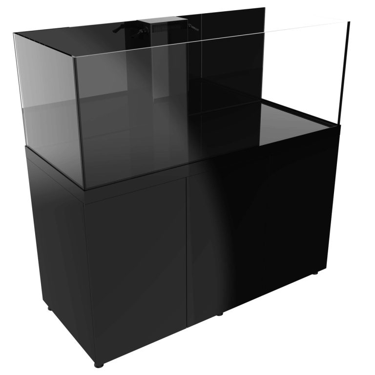 Black ProStar 200 aquarium with matching black cabinet, shown from a three-quarter front angle.
