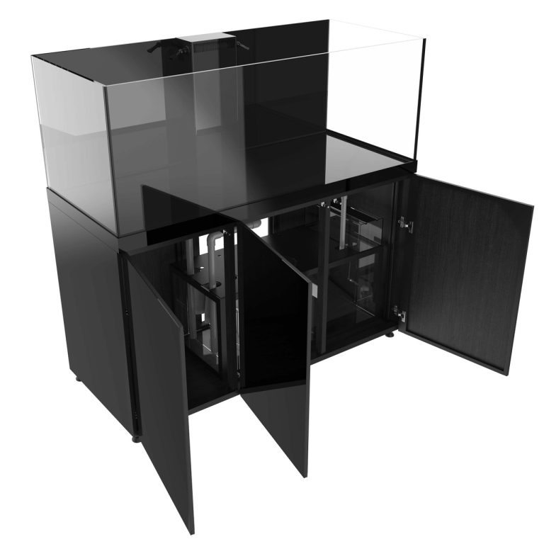 ProStar 200 gallon aquarium in black with cabinet doors open, showing internal sump compartments and plumbing beneath the display tank.