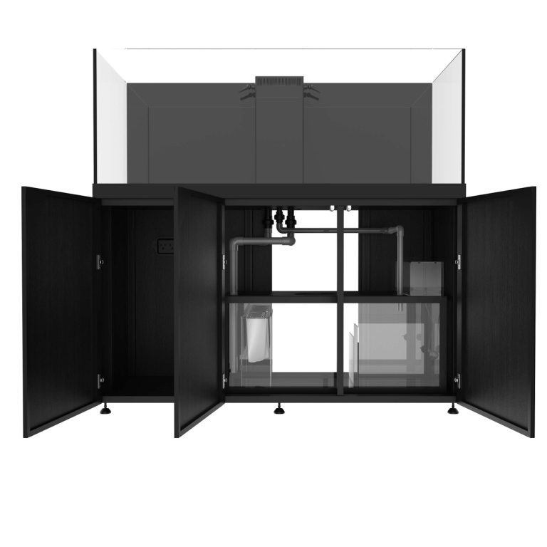 Black ProStar 200 aquarium with cabinet doors open, showing internal sump and plumbing.