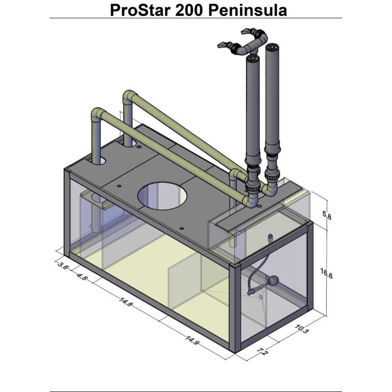 ProStar 200 Peninsula sump diagram showing angled view of plumbing, overflow pipes, and internal chambers.