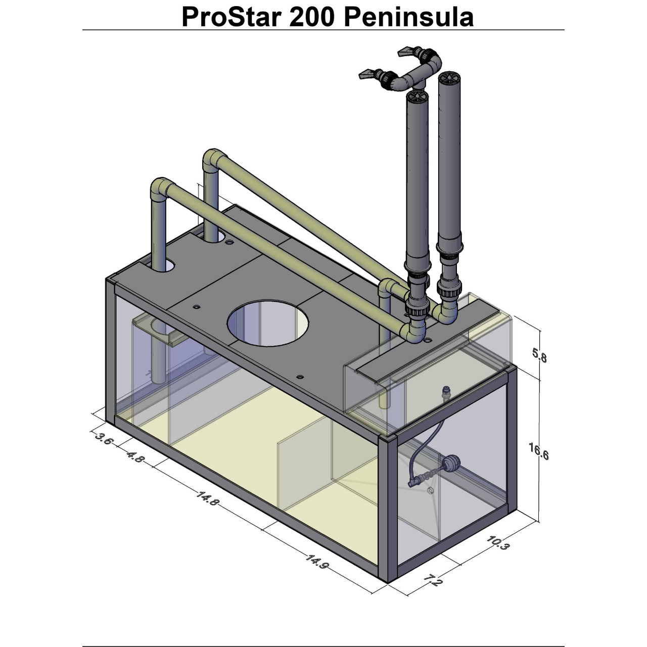 ProStar 200 Peninsula sump diagram showing angled view of plumbing, overflow pipes, and internal chambers.