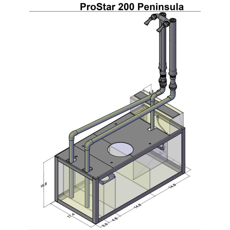ProStar 200 Peninsula aquarium sump diagram showing plumbing layout, filter chambers, and external dimensions.