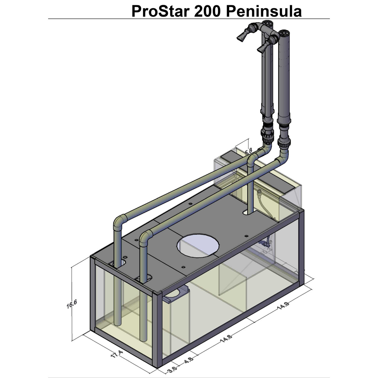 ProStar 200 Peninsula aquarium sump diagram showing plumbing layout, filter chambers, and external dimensions.