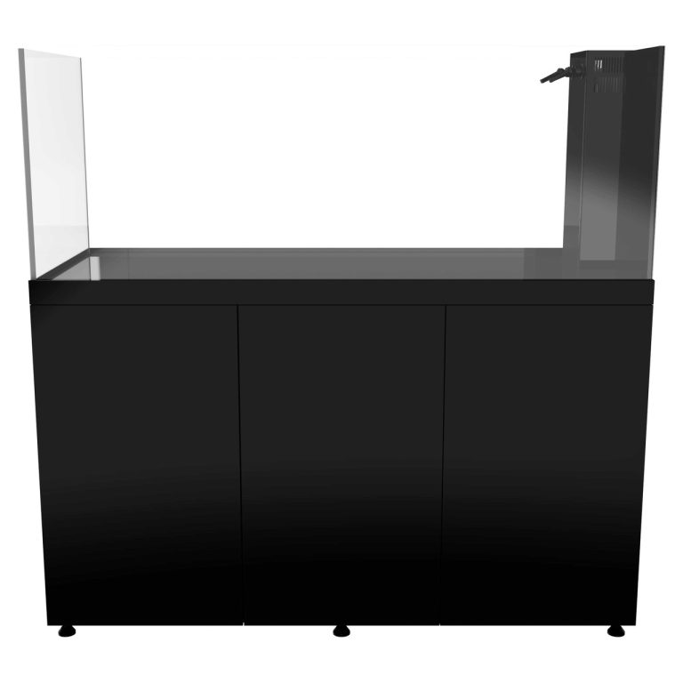 Black ProStar 200 peninsula aquarium with cabinet, front view, showing overflow box positioned on the right end.