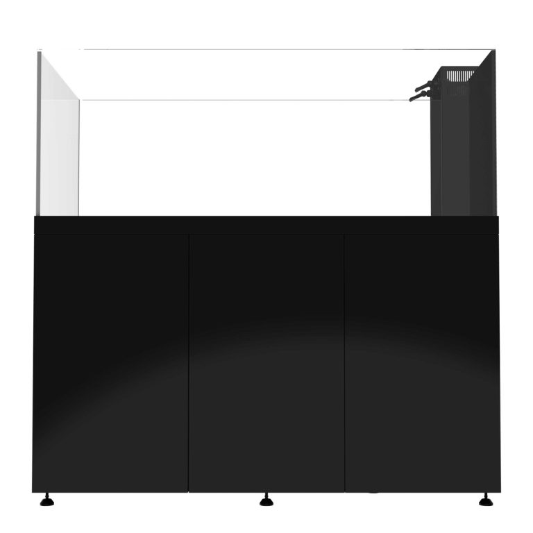 Black ProStar 200 peninsula aquarium with matching black cabinet, shown from the front with the overflow box positioned on the right side.