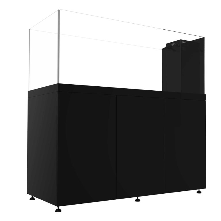 ProStar 200 Peninsula aquarium in black finish, angled side view showing the peninsula-style glass tank mounted on a black cabinet stand.