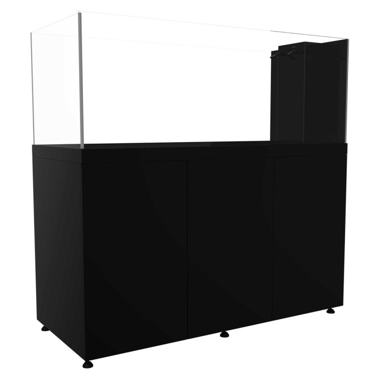 Black ProStar 200 peninsula aquarium with cabinet, shown from a rear-side angle.