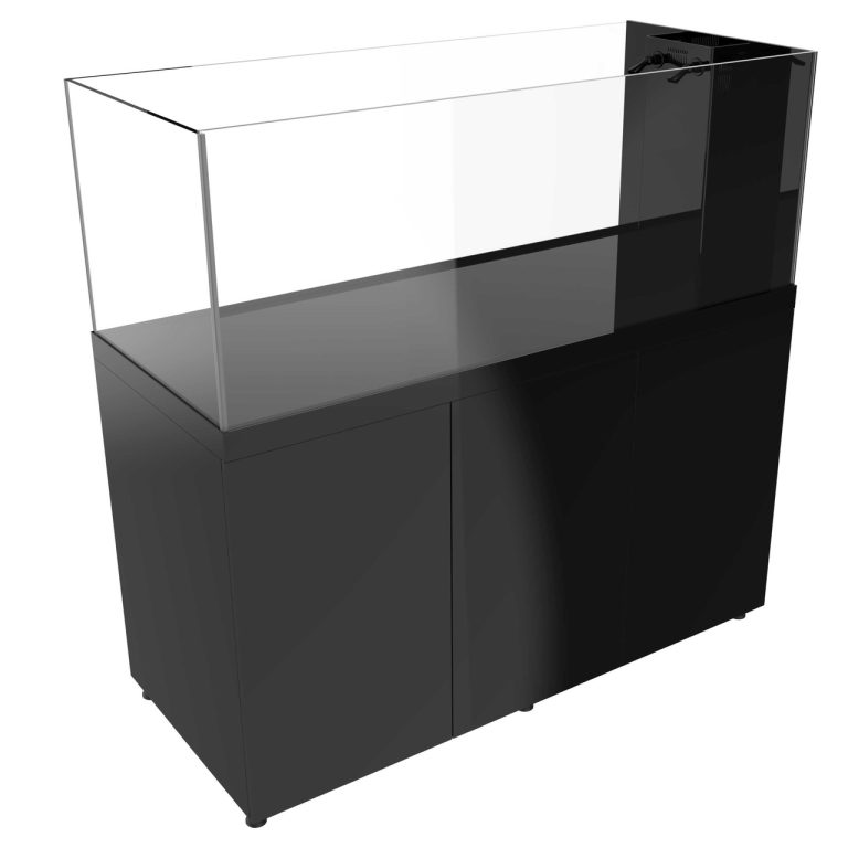 Black ProStar 200 peninsula aquarium with clear glass tank and matching black cabinet, shown from an angled front view with the overflow positioned on one end.