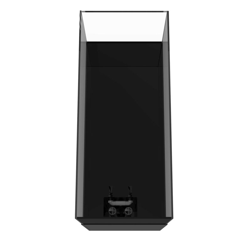 Top-down end view of the ProStar 200 peninsula aquarium with black cabinet, showing the internal overflow system at the base.