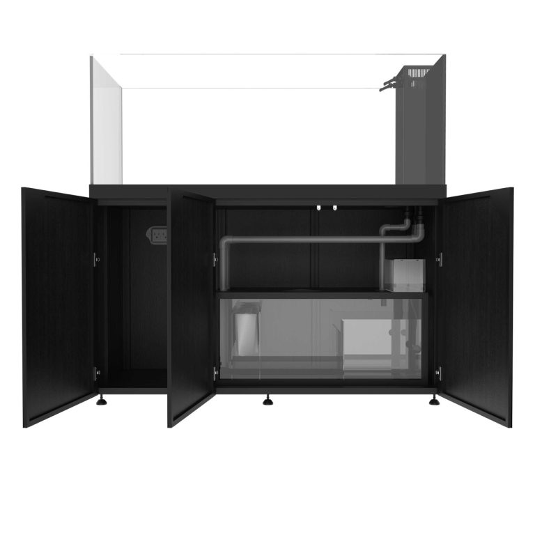 ProStar 200 peninsula aquarium with black cabinet, shown from the front with all cabinet doors open and the sump plumbing visible inside.