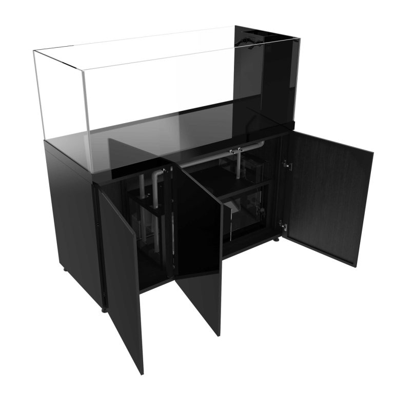 Black ProStar 200 peninsula aquarium with cabinet doors open, showing internal sump, plumbing, and rear overflow.