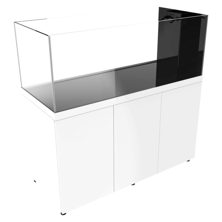 Black ProStar 200 peninsula aquarium with white cabinet base, shown at an angled front view with external overflow on the right.