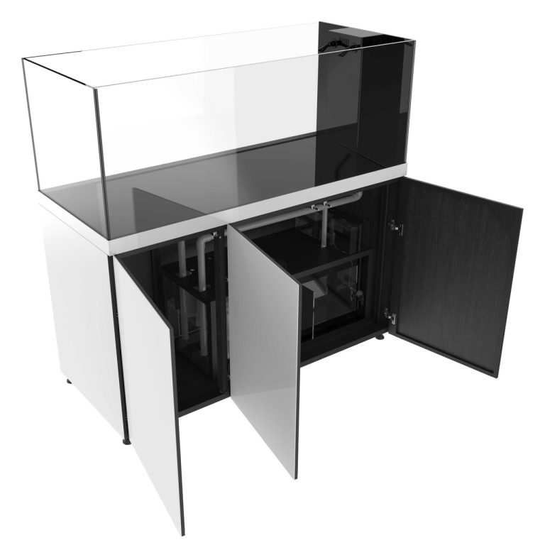 ProStar 200 Peninsula aquarium in white, shown from a front angled view with the cabinet doors open, revealing the internal sump, plumbing, and filtration components beneath the tank.